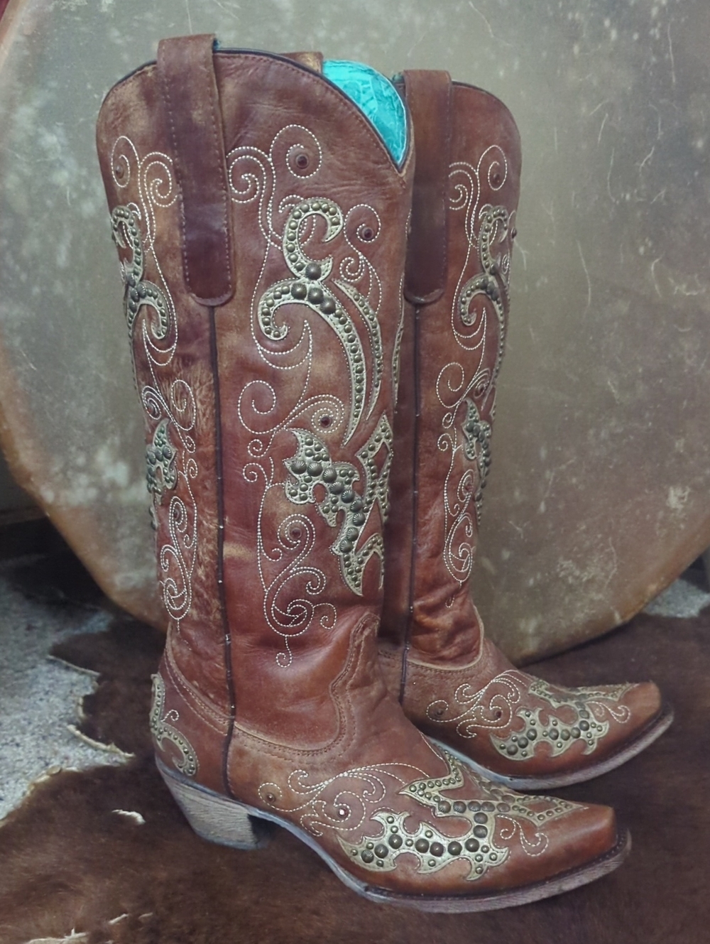 CORRAL A3638 chestnut brown/gold overlay studded cowgirl western boots snip 8.5